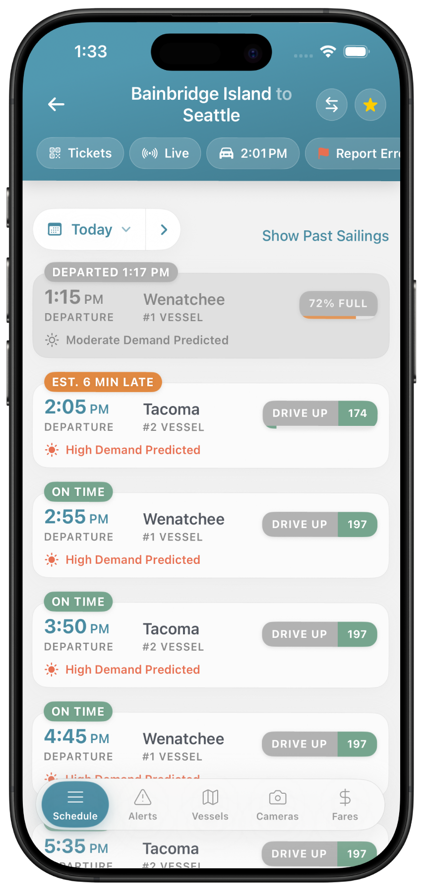 FerryFriend schedule screen showing upcoming Bainbridge Island to Seattle sailings with delay predictions and drive-up space